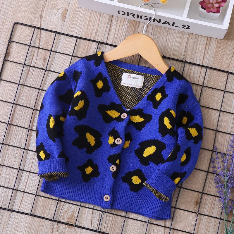 

Special Offer Childrenswear 2019 Spring And Autumn New Style Sweater Fashion Leopord Pattern V-neck GIRL'S Sweater CHILDREN'S Ca