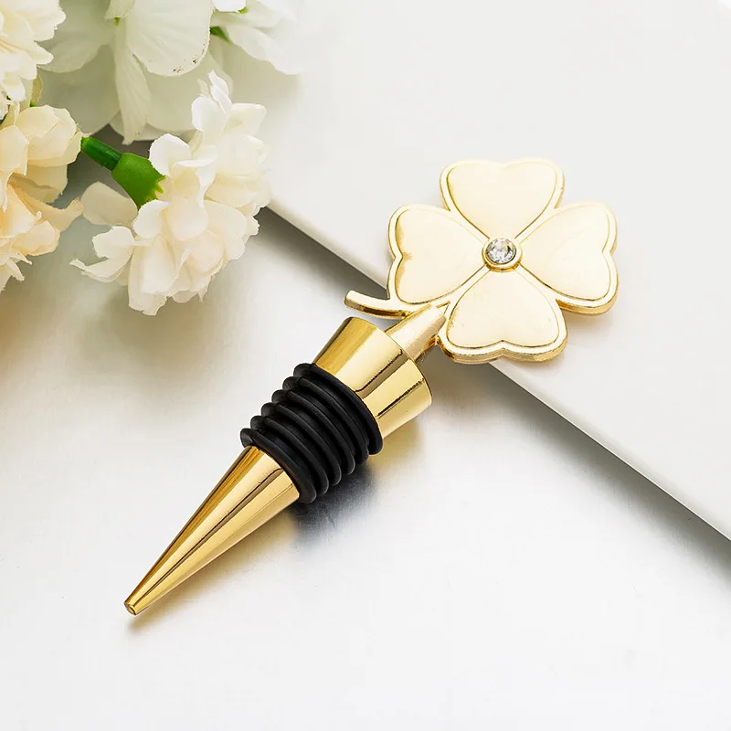 

(10 Pieces/lot) Wedding celebration gift of Four-leaf Clover Wine Bottle Stopper Party Favors For Gold Wedding souvenirs