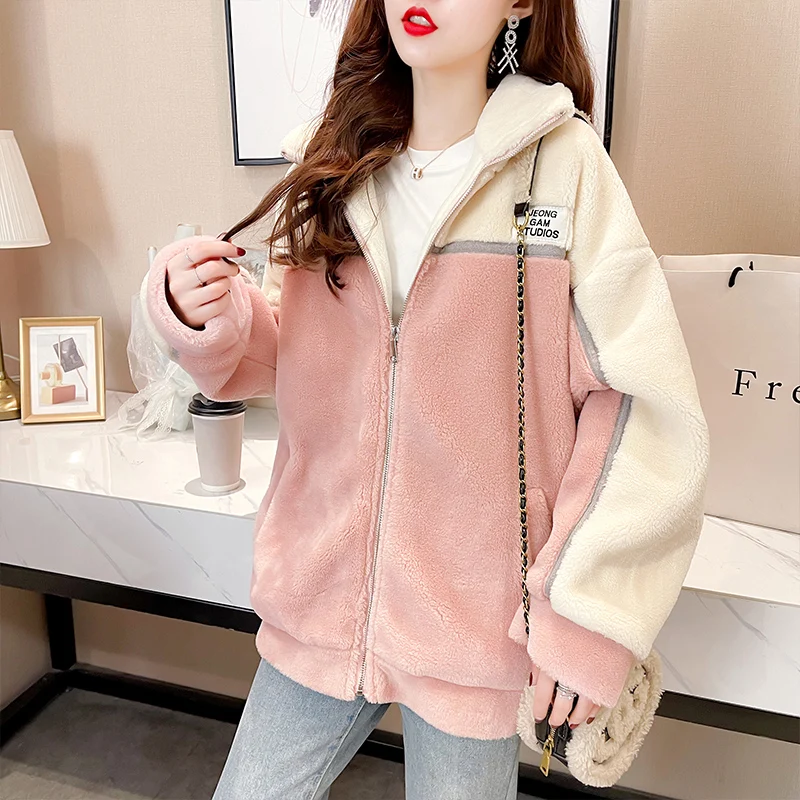 

#1119 Winter Warm Sweatshirt Woman Long Sleeve Loose Sweatshirts Ladies Casual Warm Tops Female Pink Faux Woolen No Hoodie Retro