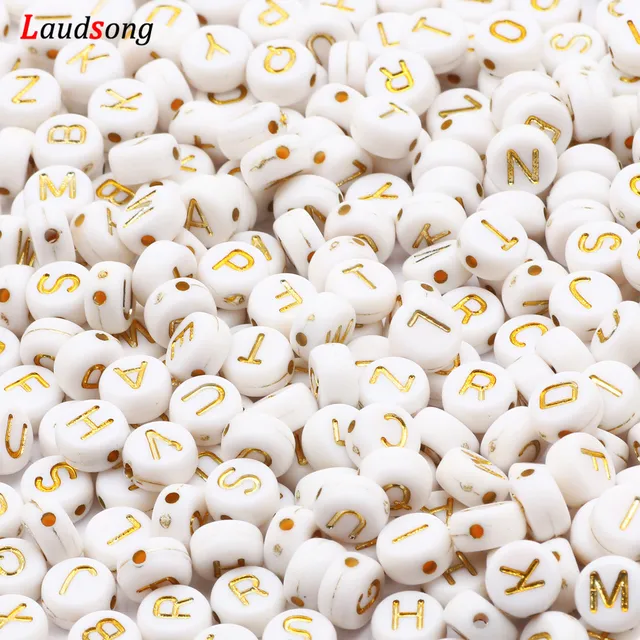 7mm White And Gold Mixed Letter Acrylic Beads Round Flat Alphabet Loose Beads For Jewelry Making Handmade Diy Bracelet Necklace 1