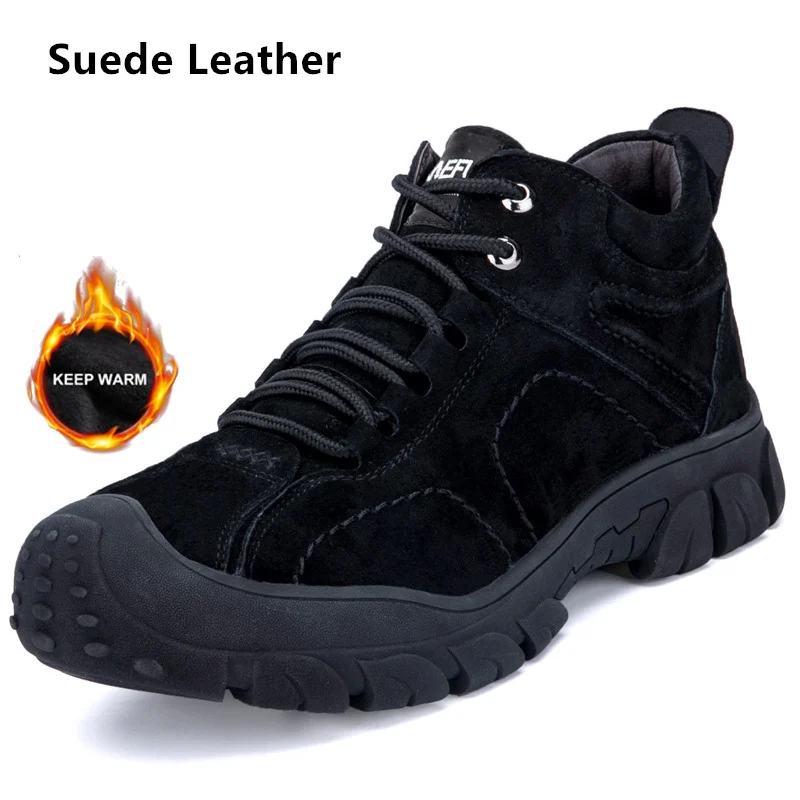 Мужская Рабочая защитная обувь из водонепроницаемого и прокалывающего материала; замшевые кожаные плюшевые теплые мужские зимние ботинки; нерушимая обувь со стальным носком - Цвет: Suede-Black