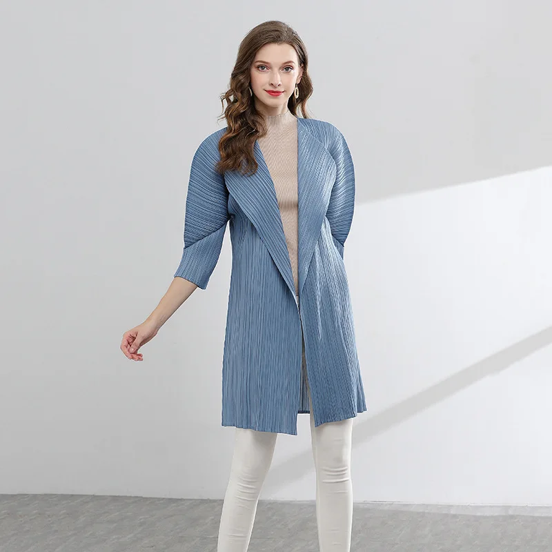 baby blue Модное летнее Новое Плиссированное Свободное пальто, тонкая Длинная ветровка с рукавом три четверти, Солнцезащитная одежда YH537 - Цвет: baby blue