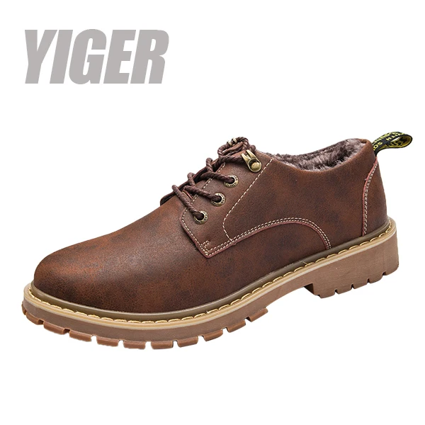dark brown with fur YIGER, новая Мужская Рабочая хлопковая обувь большой размер, Нескользящие, износостойкие, сохраняющие тепло зимние мужские повседневные зимние ботинки на шнуровке 0075 - Цвет: dark brown with fur