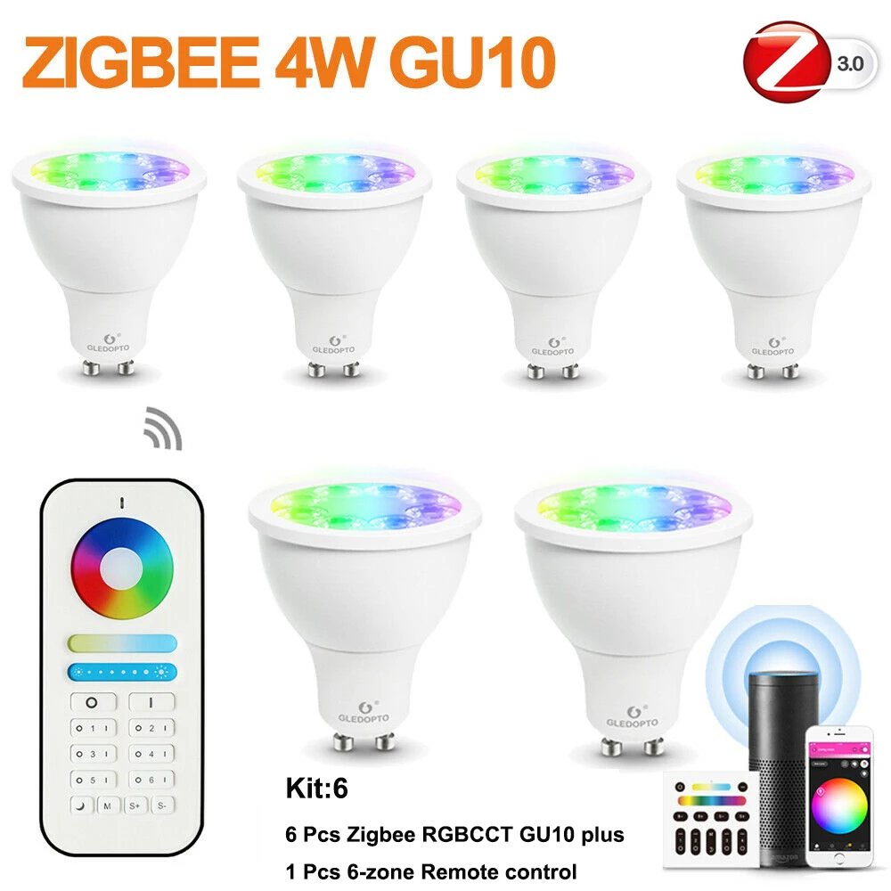 ZigBee Smart 4 Вт GU10 Spotlight RGB+ CCT светодиодный лампы+ 6-зоны РФ Пульт дистанционного управления Комплект работать с Zigbee 3,0 концентратор Alexa Echo плюс пульт дистанционного управления для/Голосовое управление Управление - Испускаемый цвет: Kit-6