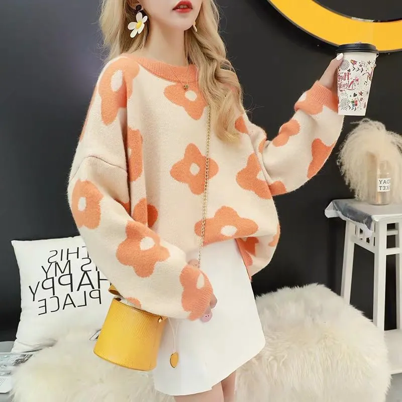 

2019 autumn winter women's sweater Flower pattern Casual loose lazy wind pullover knit sweater yellow green orange dropshipping