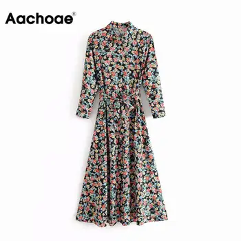 

Women Vintage Chic Floral Print Dress Three Quarter Sleeve Sashes Long Party Dress Casual Turn Down Collar Ladies Shirt Dresses