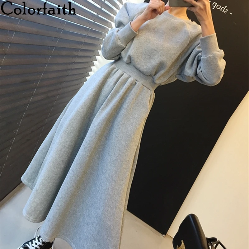 Colorfaith New 2019 Autumn Winter Women Dresses Thicken High Elastic Waist Casual Long Minimalist Pockets Warm Dress DR8248 Colorfaith New 2019 Autumn Winter Women Dresses Thicken High Elastic Waist Casual Long Minimalist Pockets Warm Dress DR8248