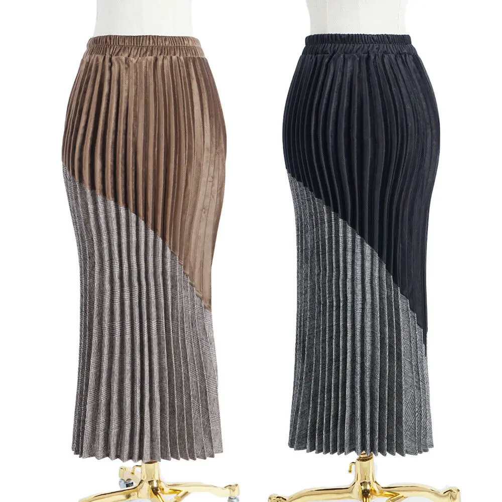 Винтажная Осенняя юбка, женская трикотажная длинная облегающая юбка-карандаш с высокой талией, плиссированные Прямые повседневные трапециевидные юбки, одежда