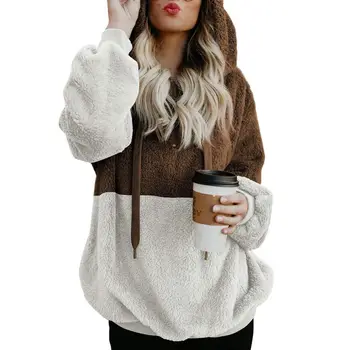 

Women's Long Sleeve Warm Hoodie Sweatshirt Hooded Fleece Hoodies Autumn Winter Patchwork Color Warm Zipper Pullover W2