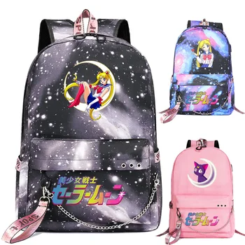 

New Cartoon Cute Sailor Moon Prints Boys Girls Kids School bag Women USB Chain Backpack Canvas Men Bagpack Packsack Bookbag