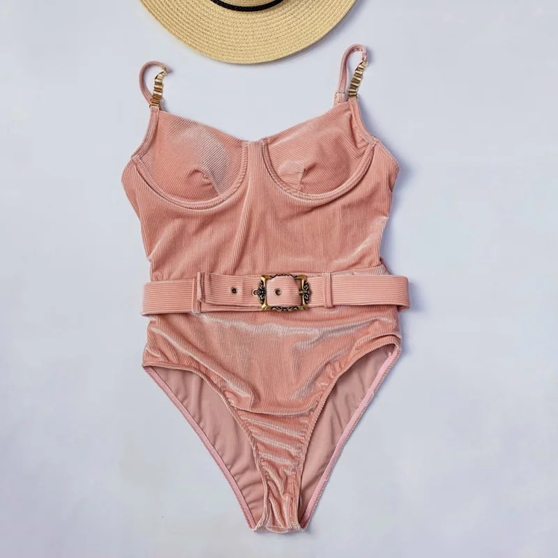 Riseado Vintage One Piece Swimsuit Women Swimwear 2020 Push Up Bathing Suits Belted Swim Wear Summer Solid One-piece Suits