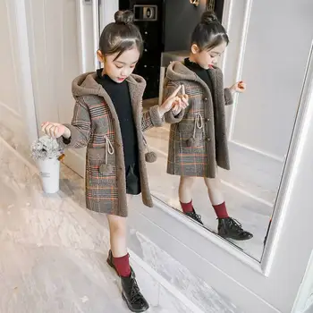 

2019 Winter Girls Warm Thick Wool Blends Coat Jackets Kids Plaid Hooded Wool Coat Outerwear Children Plus Velvet Overcoat W268