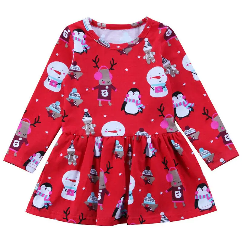 

2019 New Pudcoco Toddler Baby Girl Christmas Dress Clothes Snowman Cotton Cartoon Dress Xmas Party Princess Tutu Dress Wholesale