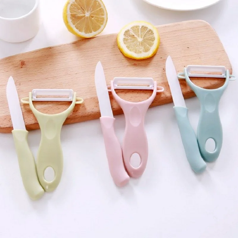 

2-Pieces/Set Ceramic Knife Set Peeler Set Plastic Handle Fruit Vegetable Peeling Slices Scrape Tools Kitchen Knife