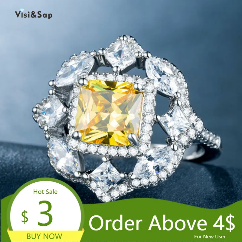Visisap Luxury Fascinating Square Zircon Ring Full Stone White Gold Color Accessories for Lady Wedding Wholesale Jewelry B1219 | Украшения