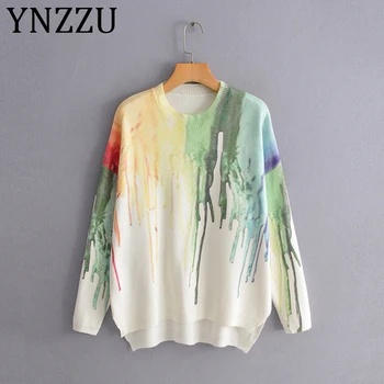 

YNZZU 2019 New Autumn Winter Chic Print Imitation Cashmere Soft Sweater Women Long Sleeve Loose Pullover Jumper pull femme AT362