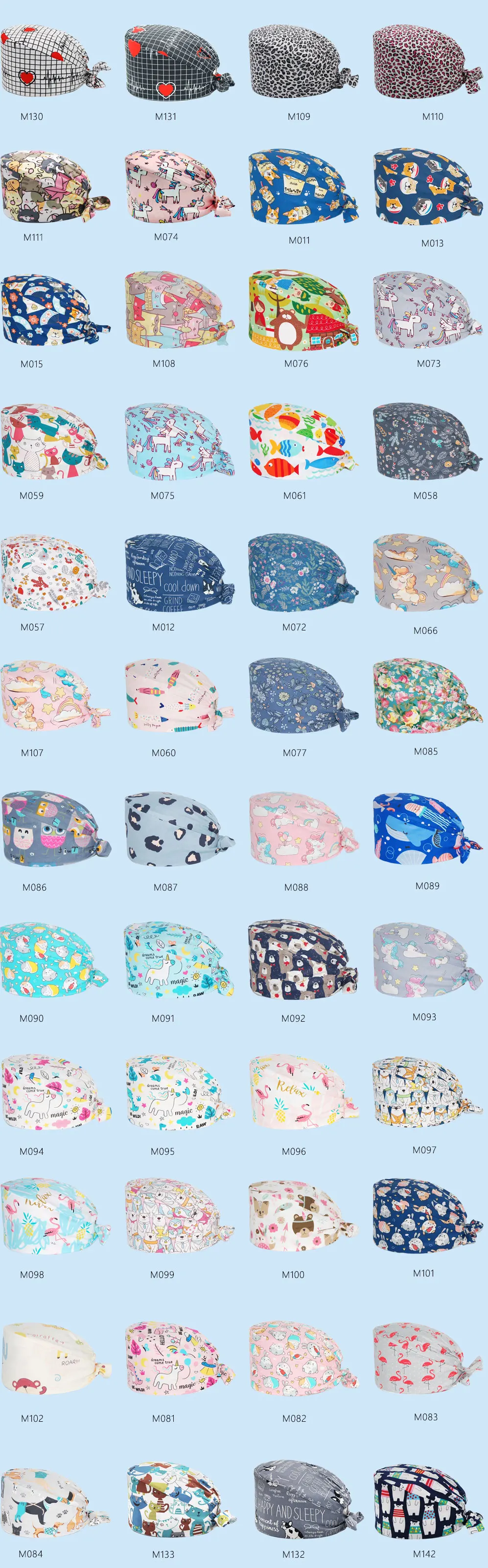 Unisex Scrub Cap with Buttons Adjustable Anime Printing Bouffant Nursing Hat Head Scarf Pet Shop Lab Women Work Surgicals Hats white skully hat