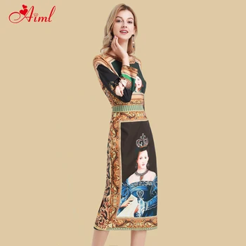

Fashion Designer Dress Spring Summer Women's O-Neck Dress Vintage Queen Character Print Dresses Ladies Print Slim Elegant Dresse
