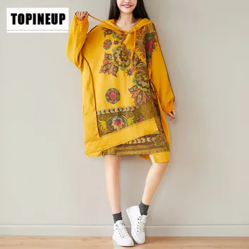 

2019 new loose irregular floral print sweatshirt dress with hoodie dress Lady Casual fashion hoodies Dresses