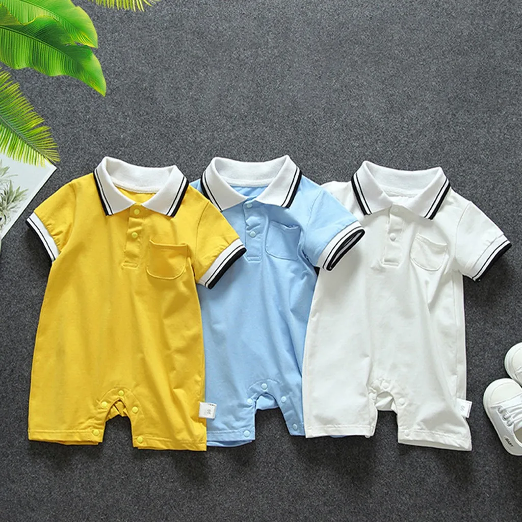 

TELOTUNY Toddler Baby Boys Girls Short Sleeve Turn-Down Collar Pocket Romper Jumpsuits Baby Clothes Outfits For 0-18M