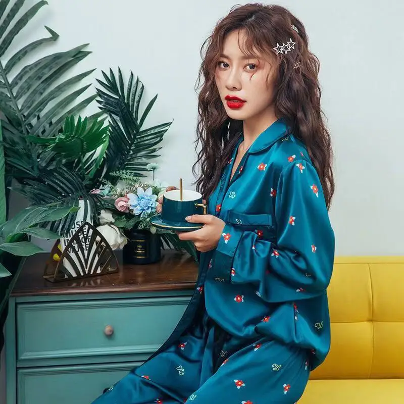 

Women Silk Satin Pajamas Pyjamas Set Autumn Sleepwear Pijama Suit Female Sleep Long Sleeve Tops Pants 2 Piece Sets Pyjama Femme
