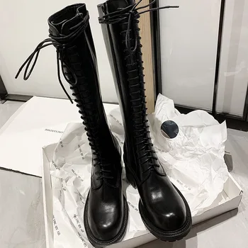 

Women's boots cowhide motorcycle boots long boots Martin shoes women's round toe thick high heel side zipper rider boots