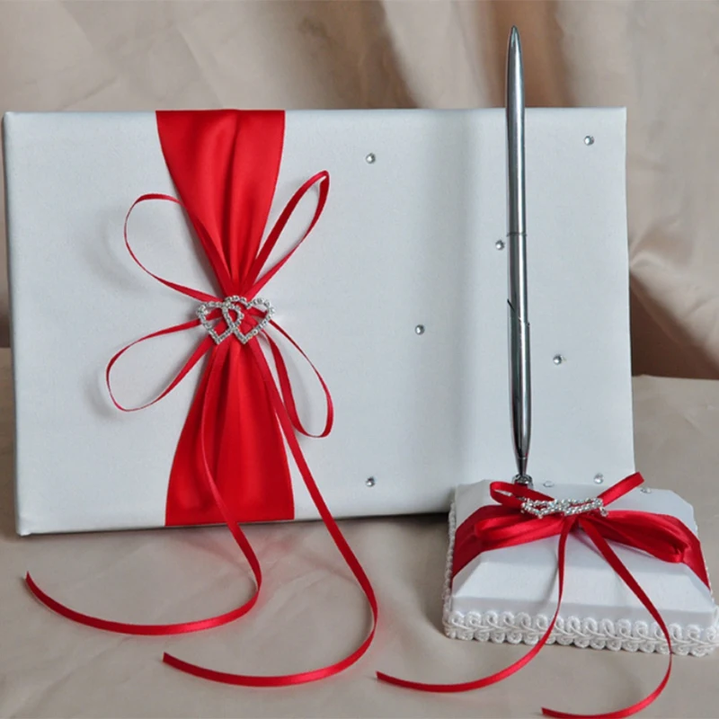 Свадебный Гость книга с держателем ручки наборы атласные Луки подписи книга с бриллиантами любовь форма для украшений на вечеринку-красный+ белый