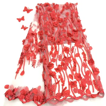 

Red Color Beaded Applique Lace Fabric High Quality Latest African Lace 2019 Handmade 3D Lace Fabric For Nigerian Wedding RF3007