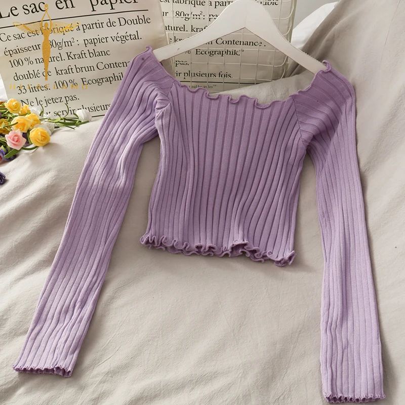 Suéter de punto con volantes y cuello de barco para mujer, Jersey informal de manga larga, Top corto ajustado, ropa de calle para ombligo, suéter fino
