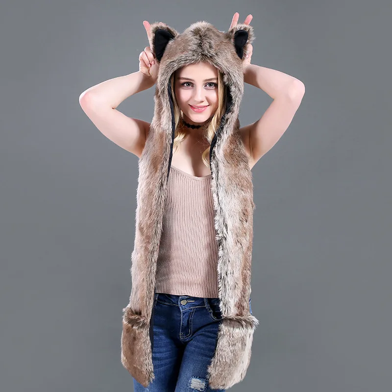 Европейская и американская шапка шарф перчатки одно животное шапка имитация меха шапка плюшевая мультяшная шапка Красный Волк