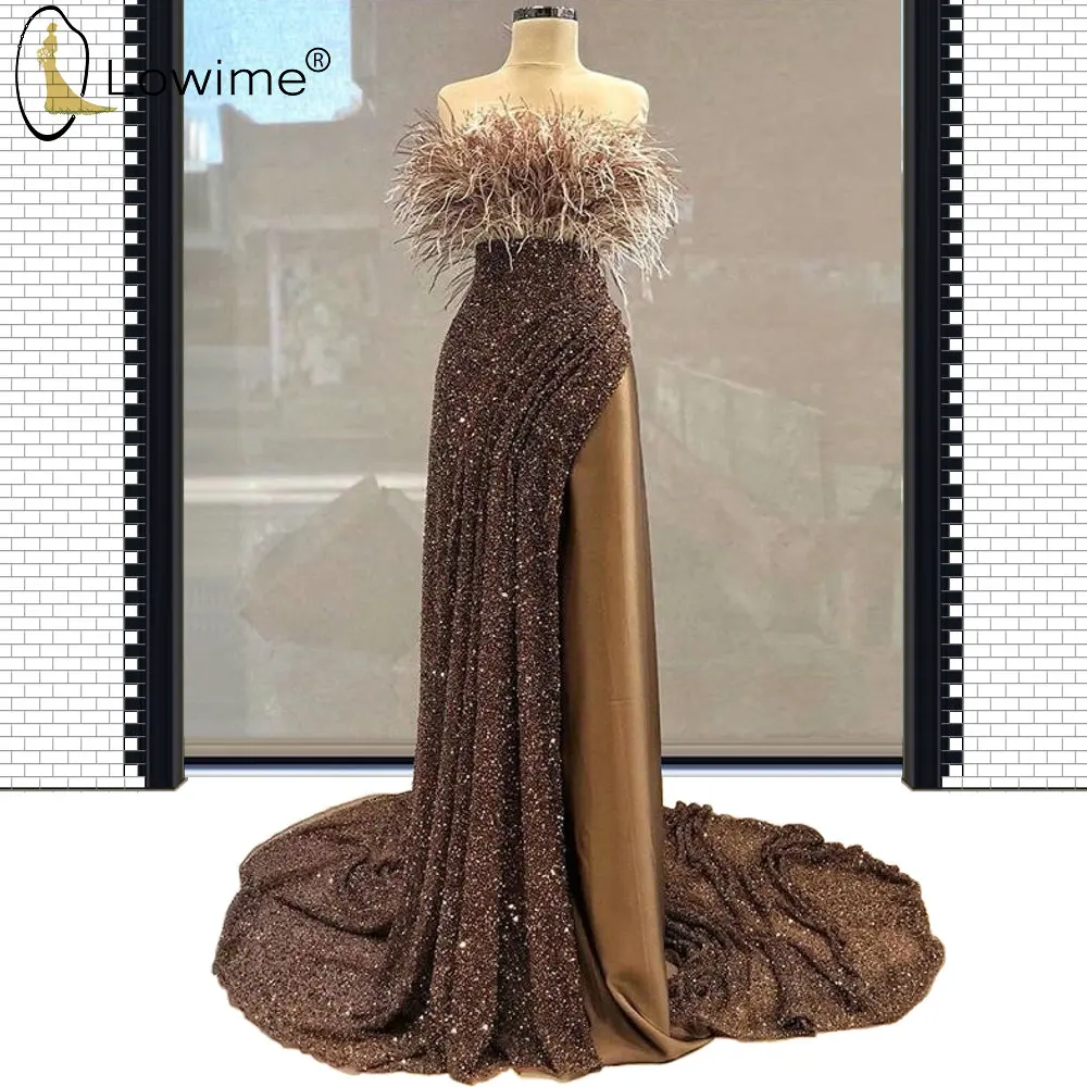 

Dubai Brown Feather Evening Dresses 2020 Strapless Mermaid Split Formal Dresses Robe De Soiree Arabic Style Vestido De Festa