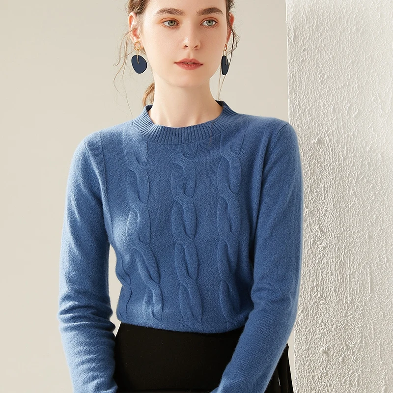 womens real wool sweater winter warm pullover female long sleeves round neck casual slim knitwear soft stretch jumper sweaters - Color: Blue