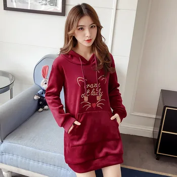 

2019 Autumn Winter Hooded Pullovers Kawaii Hoodies Women Loose Mid-length Velvet Thick Cute Cat Embroidery Sweatshirt Women