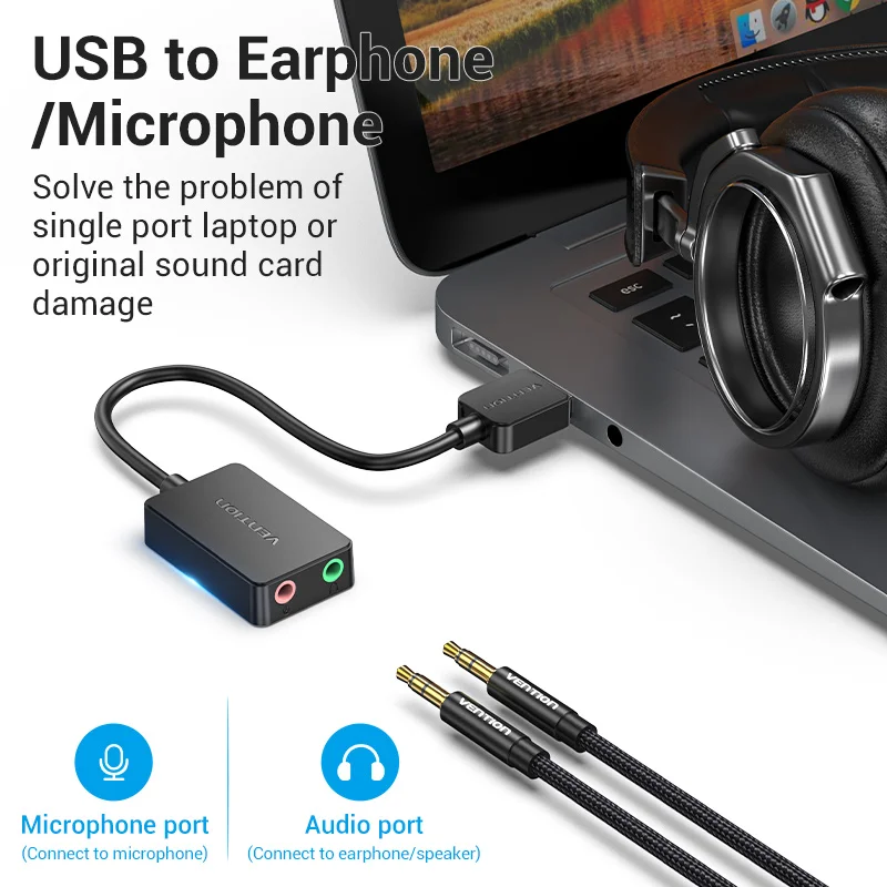 Vention USB 3.5mm 오디오 인터페이스 어댑터, PC 노트북 PS4 헤드셋 마이크용 외부 사운드 카드