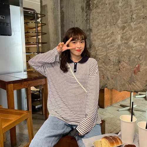 

Simple Button Line Red White Striped Casual Patchwork Fresh Regular Long Sleeve All Match Hit Koren Style Female Polo Shirts
