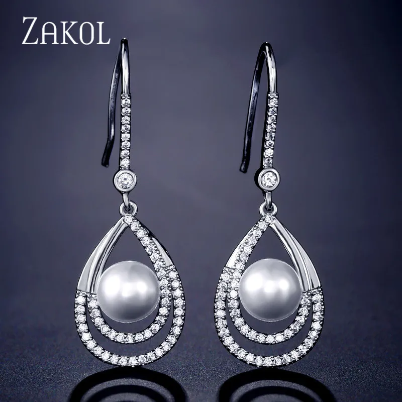 

ZAKOL Drop-shaped Hollow Zircon Crystal Earrings For Women Wedding Fashion Imitation Pearl Jewelry Accessories FSEP2270