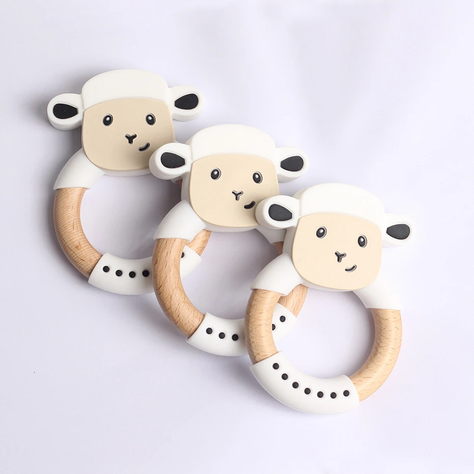 Silicone Sheep Elephant Beech Wooden Teether Wooden Teething Ring Cute Baby Rattles Teething Toy For Baby Nursing Pendant