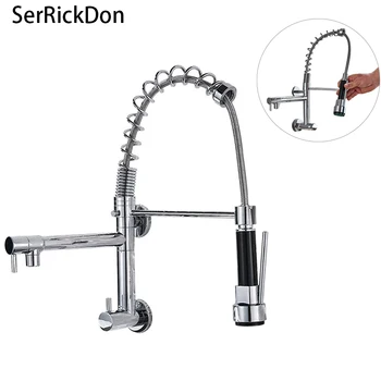 

Wall Mounted Spring Kitchen Faucet Chrome Only Cold Water Kitchen Taps 360 Rotatble Dual Function Sprayer Kitchen Taps