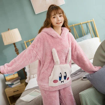 

Winter Women Flanne Pajamas Sets White Thick Warm Nightwear Sweet Coral Velvet Pyjamas Female Long Sleeve Pants Pijama Homewear