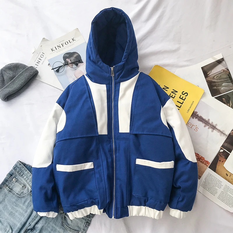 blue Winter New Coat Men's Warm Thick Fashion Parka Men Cross Color Cotton Hooded Coat Man Wild Loose Tooling Jacket Male Clothes - Цвет: blue