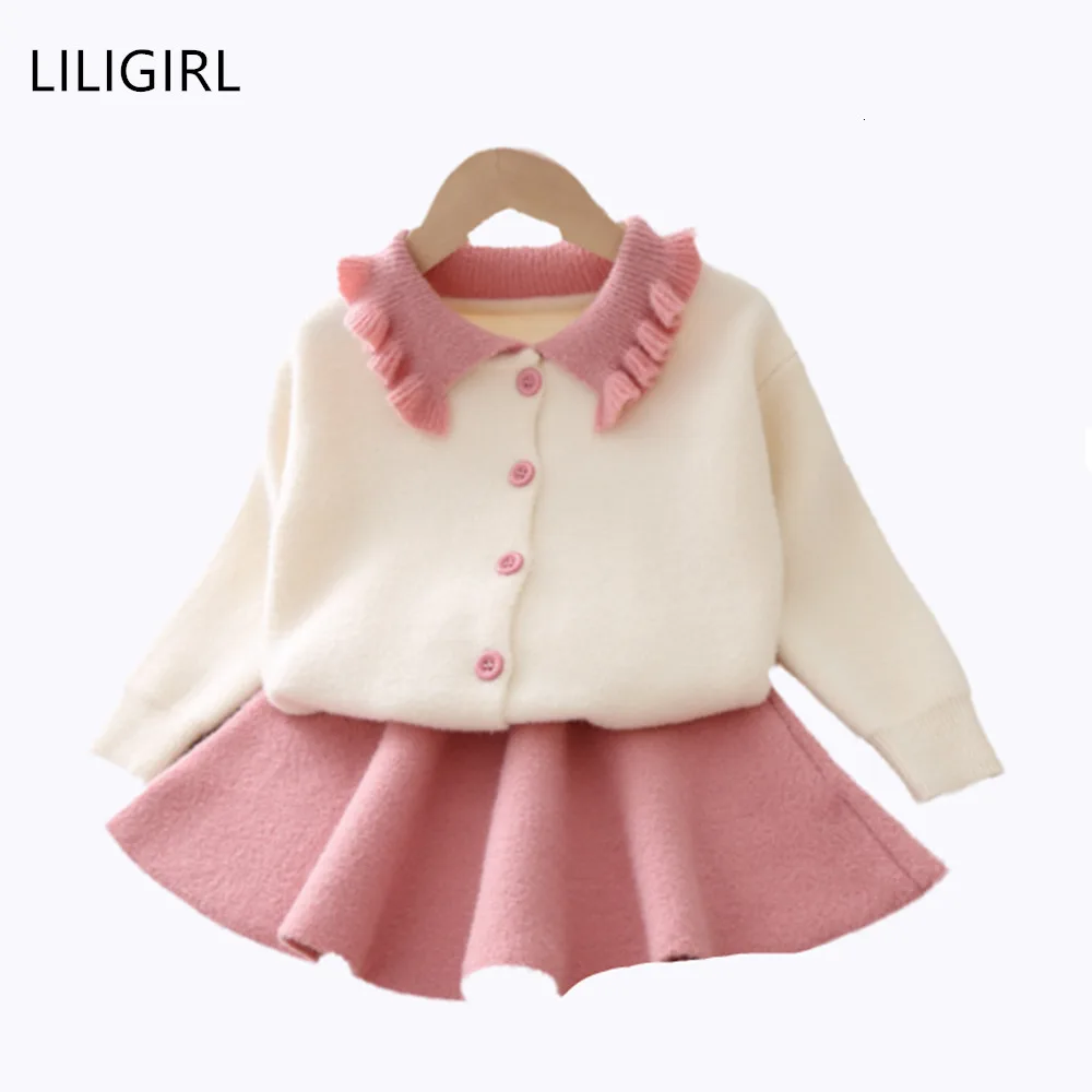 LILIGIRL, новые комплекты одежды для маленьких девочек модный детский теплый свитер с длинными рукавами и юбка в складку, комплект одежды для милой девочки