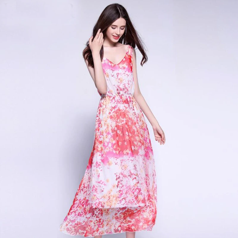 

Women's 100% Pure Silk Dress Sleeveless Long Party Pink Floral Print Beach Dresses V-Neck Natural Fabric High Quality Hot Sell