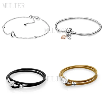 

MULIER 2019 Fashion New 100% S925 DIY bracelet, moment, female sliding leather bracelet, suitable for homemade beads