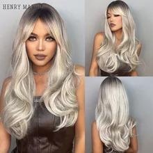 

HENRY MARGU Long Wavy Black Gray Ash White Ombre Synthetic Wigs With Bangs Natural Cosplay Hair Wigs for Women Heat Resistant