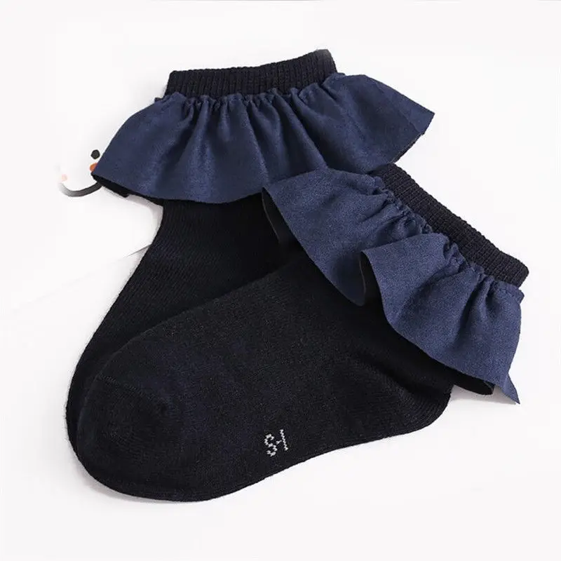 Детские короткие носки для новорожденных девочек с кружевным рантом, вязаные теплые зимние носки для маленьких девочек от 2 до 8 лет - Цвет: Тёмно-синий