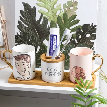 

Ceramic Bathroom Set Tray Porcelain Accessory for Bathroom Decor Toothbrush Cup Holder Unique Couple Gift Home Decor Wtih Bamboo