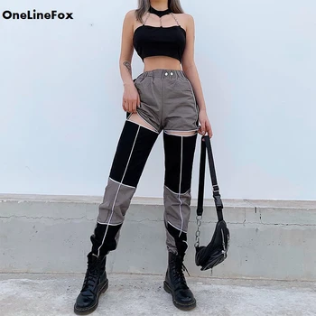 

OneLineFox Hollow Out Patchwork Casual Pants Capris Elastic High Waist Pants Women Fashion Skinny Sweatpants Korean Streetwear