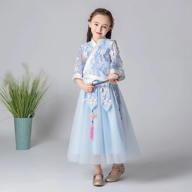 Hanfu/кружевное платье с вышивкой для девочек, 2 предмета осень г. костюм в китайском стиле ретро Улучшенная юбка Hanfu супер сказочное платье для малышей