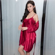 Women Robe& Gown Sets Sexy Lace Sleep Lounge Pajama Half Sleeve Ladies Nightwear Bathrobe Nightdress