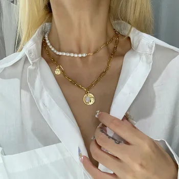 

2pcs 100% Freshwater Pearl With Chunky Chain Necklace Short Choker Colar Buckle Pendant Necklace for Women Fine Jewelry